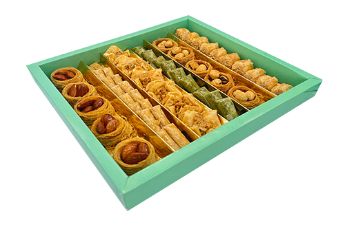 Assorted cookies in a green box on a white background La poire-Assorted Oriental Box (Low Sugar)