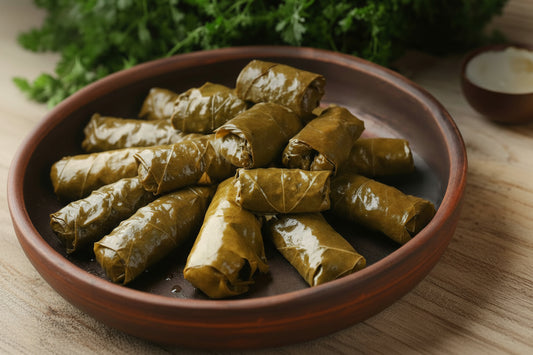 Stuffed grape leaves in a bowl with Basma ورق عنب